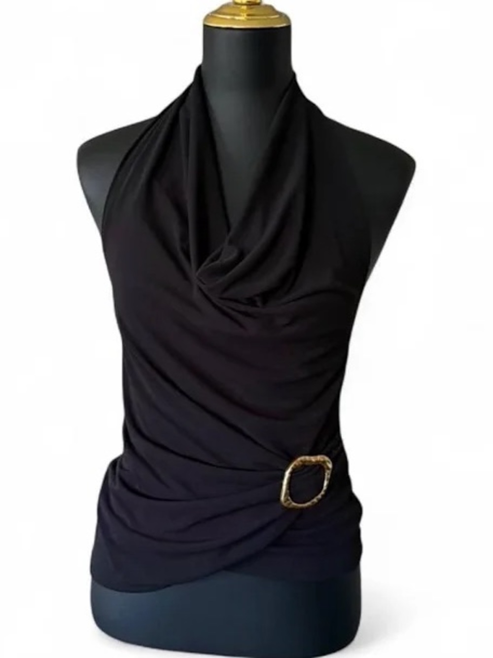 Zara Black Draped Halter with Gold Buckle Detail